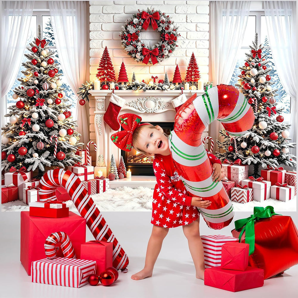 Red Christmas Fireplace Backdrop 8x6Ft