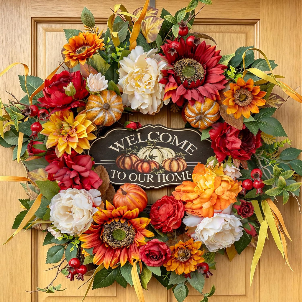 24 Inch Fall Wreath for Front Door，Rustic Harvest Autumn Wreath
