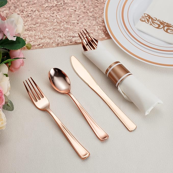 50 Pack Pre Rolled Rose Gold Plastic Silverware Set with Napkins,Disposable Wrapped Heavy Duty Cutlery Set for Wedding Birthday Party-50 Forks,Knives,Spoons,Utensils Set,Plasticware Bulk