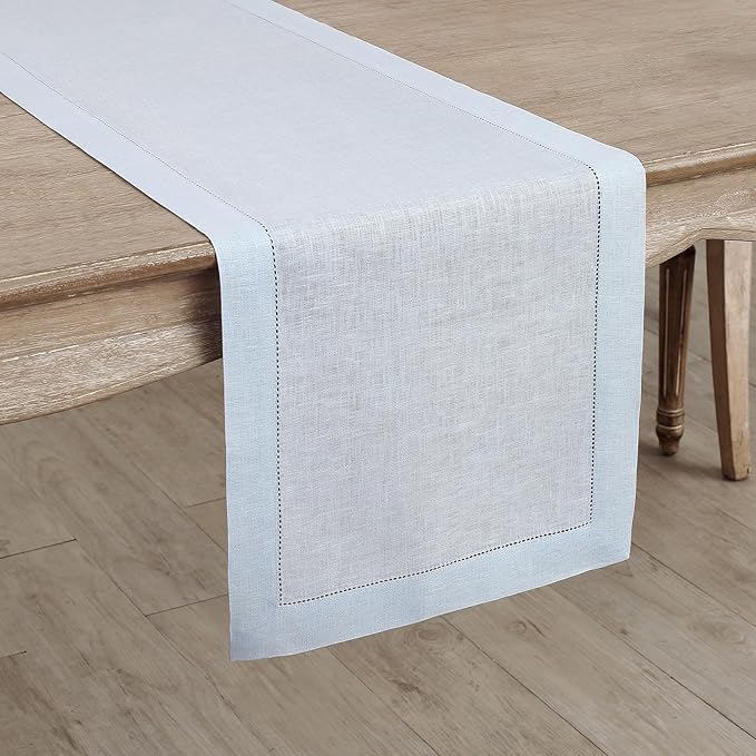Solino Home Linen Light Blue Table Runner 120 Inches Long - 100% Pure Linen 14 x 120 Inch Table Runner - Classic Hemstitch