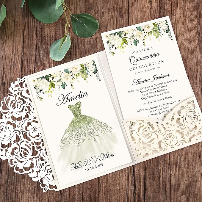 DORIS HOME 50pcs Laser Cut Quinceanera Invitations Green and Ivory White, 4.7x7.1 Blank Quince Invitations for 15th Birthday, Invitation cards for Sweet 16 with Envelopes