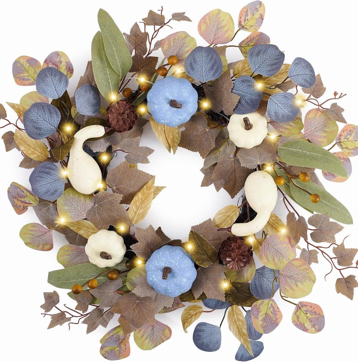 DecorbyHannah 18'' Fall Wreath for Front Door with Lights &Pumpkin Pinecone