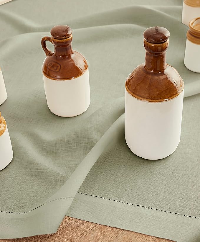 Solino Home Sage Green Linen Tablecloth 52 x 52 Inch - 100% Pure Linen Square Table Throw - Classic Hemstitch, Machine Washable Table Cloth for Fall, Autumn, Thanksgiving, Christmas