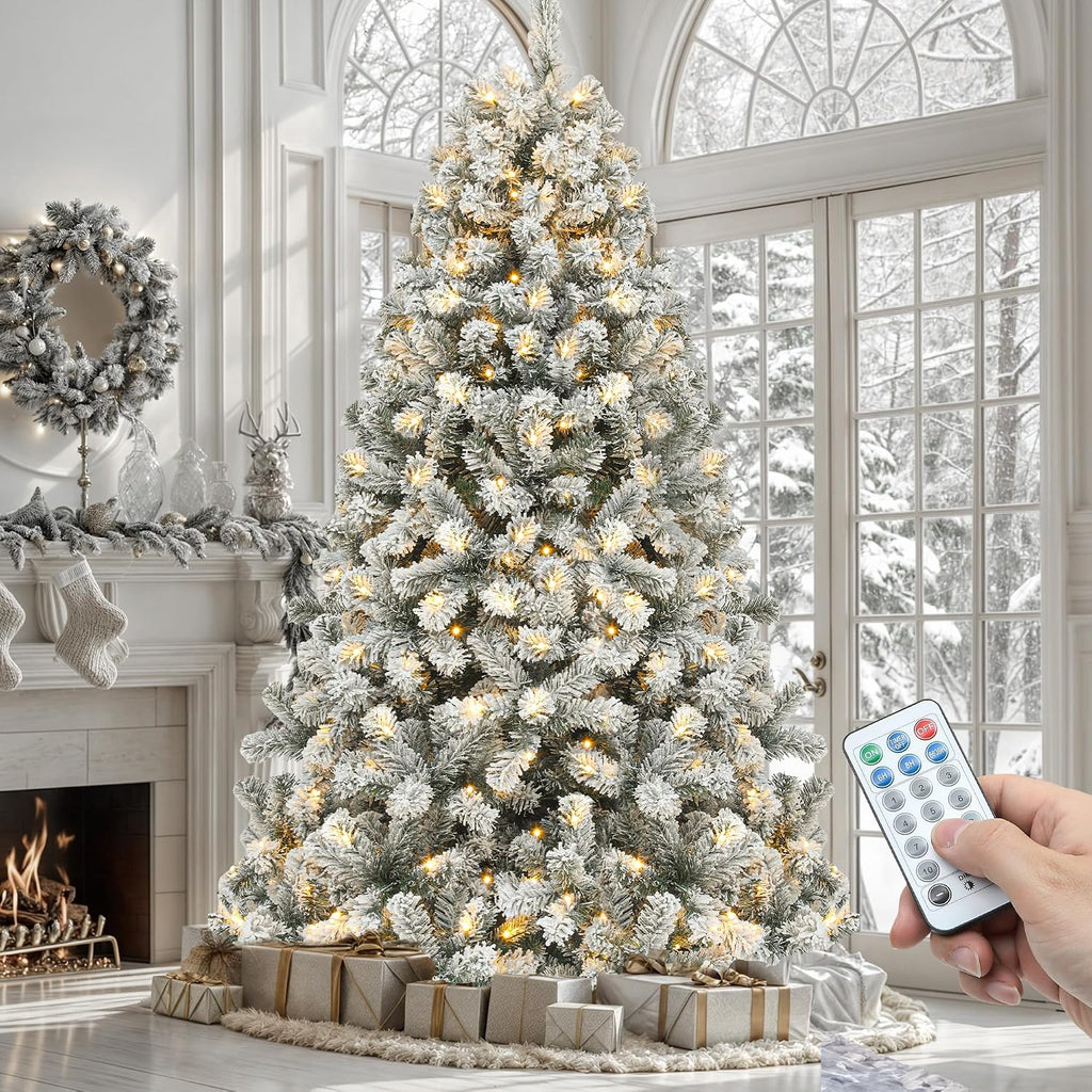 YITAHOME Prelit Snow Flocked Artificial Full Christmas Tree 6ft with Remote Control, Christmas Pine Tree with 11 Light-Modes, 1000 Branch Tips, Foldable Base for Home, Party Decoration