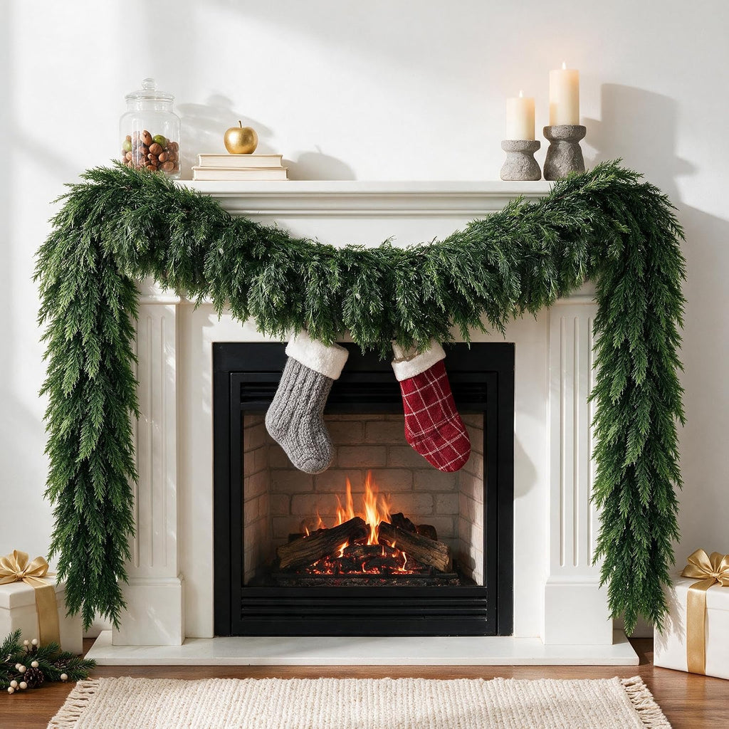 9FT Christmas Cedar Garland,Real Touch Soft Greenery Christmas Decorations