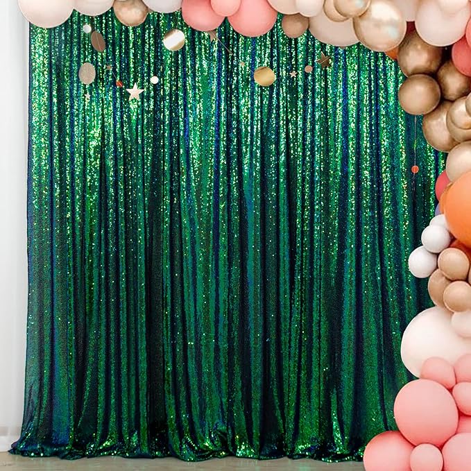 ShinyBeauty Iridescent Green Sequin Backdrop 10FTx10FT Photo Backdrops Green Blue Curtains 10FT Shimmer Fabric Backdrop Christmas, Happy Birthday, Studio Backgrounds