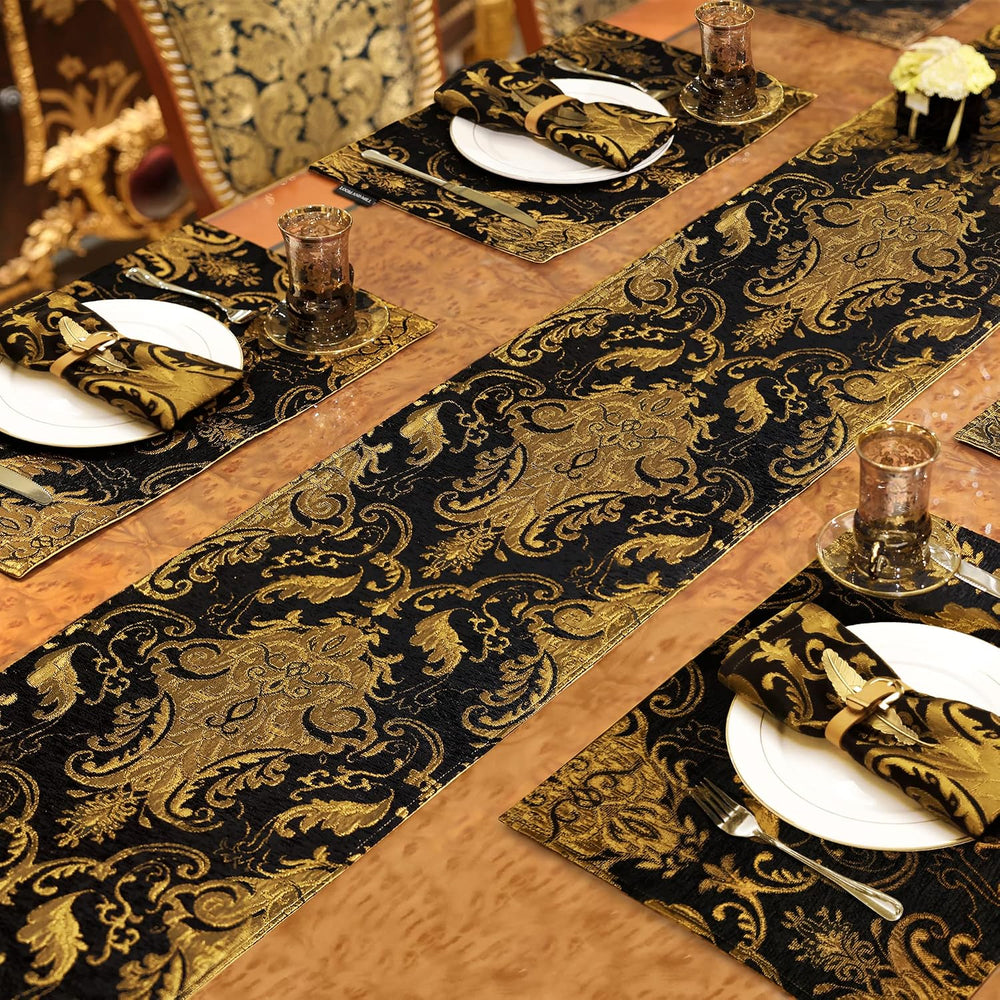 Loom and Mill Luxury Vintage Chenille Table Runner 90 Inches Long, Black