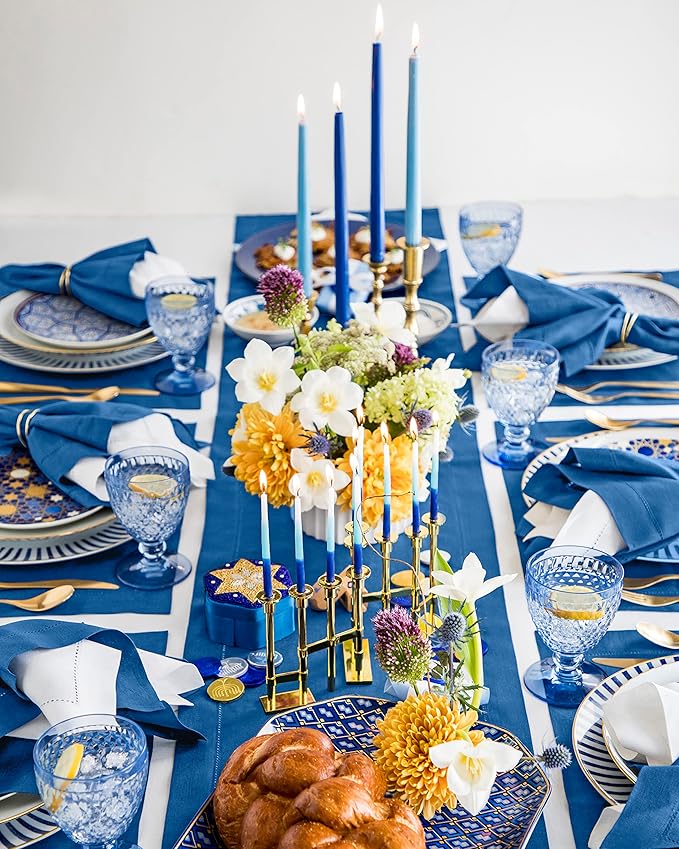 Solino Home Linen Table Runner 108 Inches Long - 100% Pure Linen Indigo Blue Table Runner 14 x 108 Inch for Fall, Autumn, Christmas - Classic Hemstitch