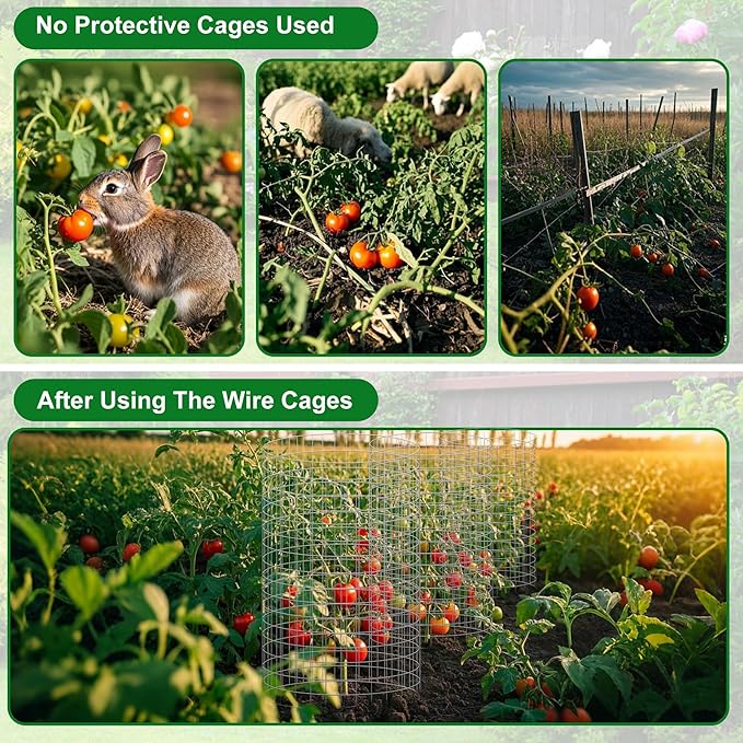 winemana 12 Set Garden Plant Protector Cage, 24x12 in Metal Wire Protectors for Plants, Protection Cages with Stakes & Nylon Ties, Animals Barrier to Keep Rabbit & Chicken Away from Flower Vegetables (36 Pcs)