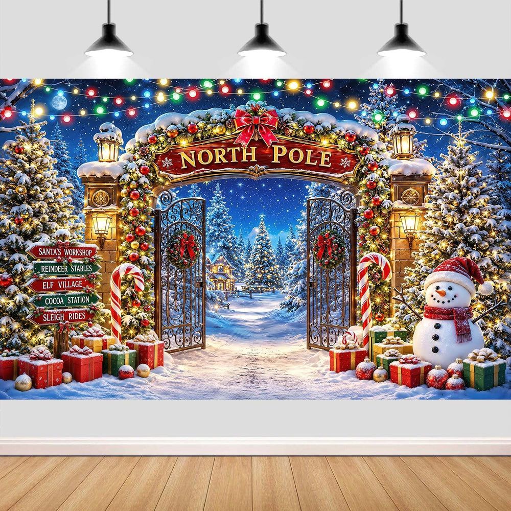 10X8FT Christmas North Pole Backdrop, Winter Snowman Xmas Scene Decor