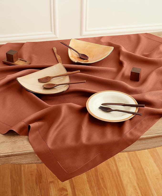 Solino Home Linen Cinnamon Tablecloth 52 x 52 Inch - 100% Pure Linen Square Table Throw - Classic Hemstitch, Machine Washable Table Cloth for Fall, Autumn, Halloween, Thanksgiving