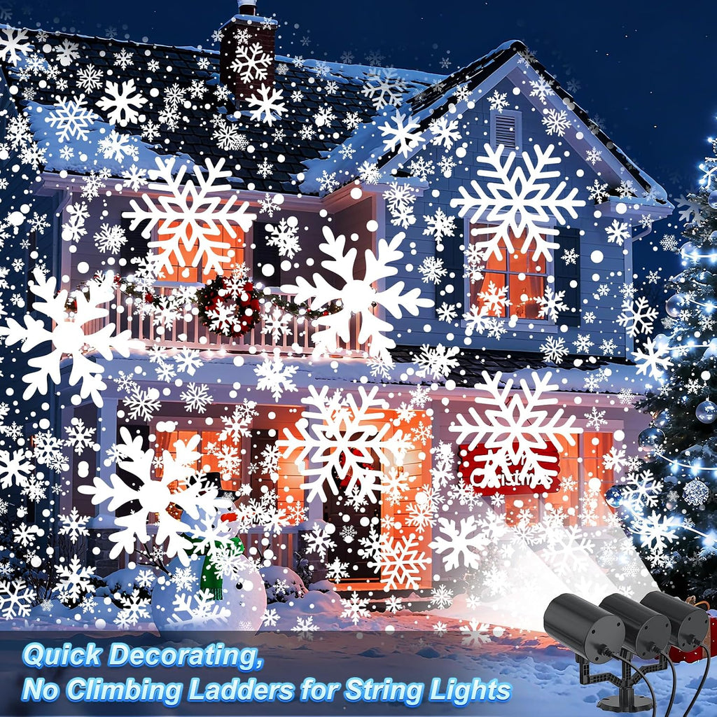 Christmas Projector Lights Outdoor, 2025 Upgraded Triple Head Snowflake Projector High Brightness, Led Dynamic Rotating Snowfall Projection IP65 Waterproof with 16.4ft Cord for Yard Houses Party Decor