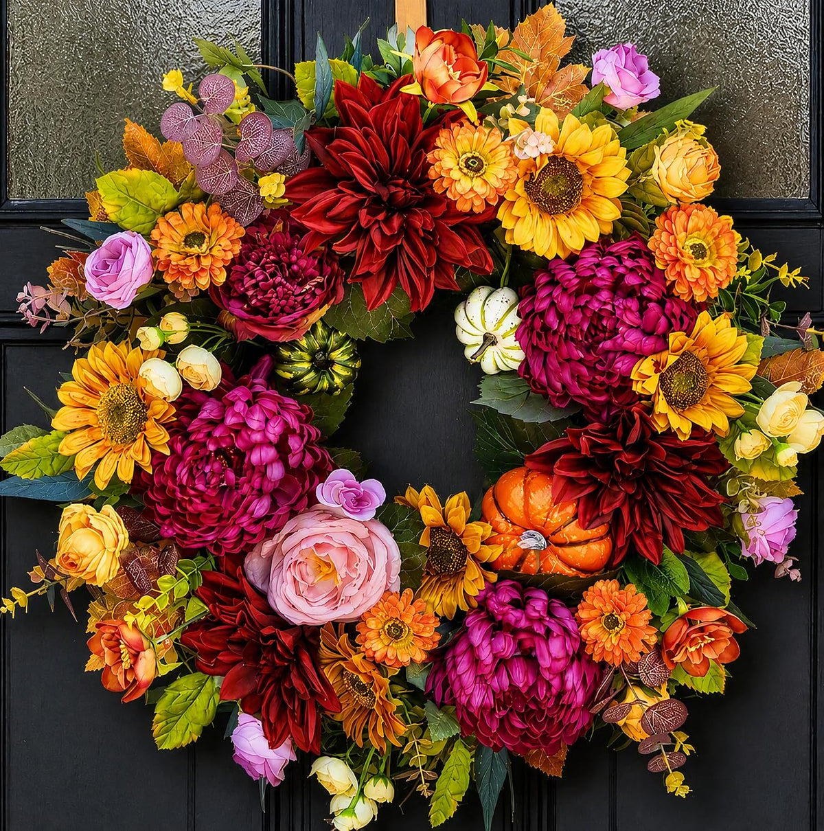 24 Inch Fall Wreath for Front Door, Artificial Harvest Fall Wreath
