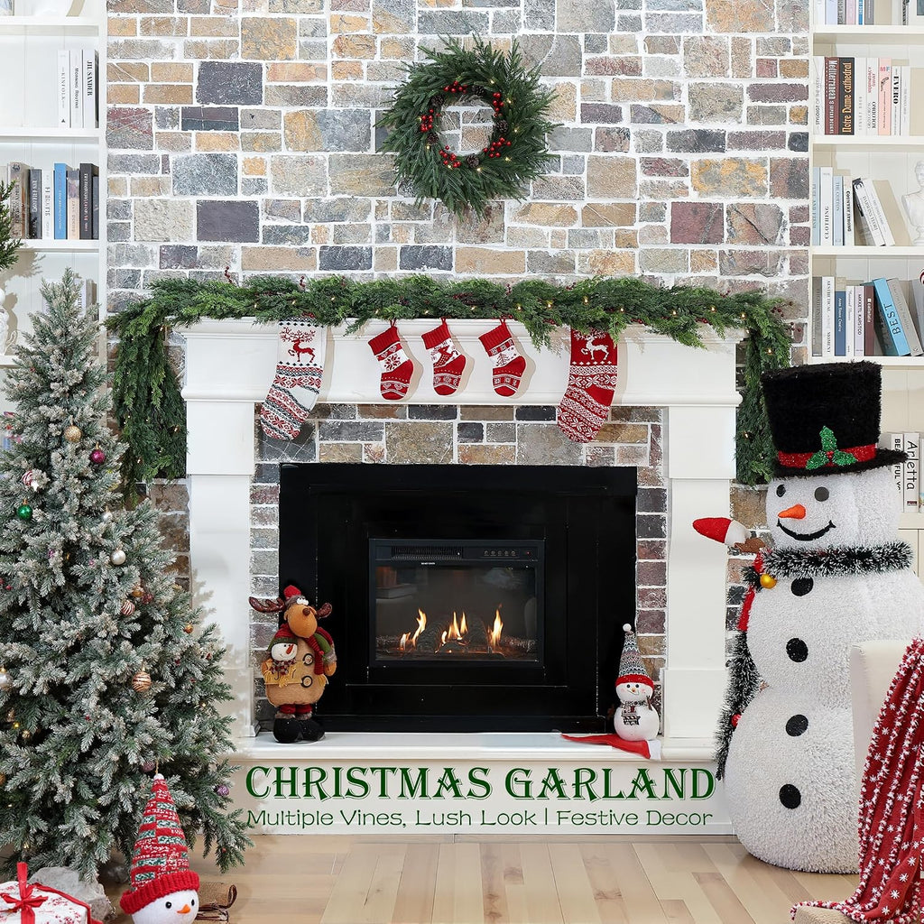 6 Feet Christmas Garland - Real Touch Cedar Garland - Realistic Greenery Cypress Pine Garland for Wall,Table,Fireplace,Mantle,Indoor Outdoor - Christmas Decorations - Free Battery LED Lights