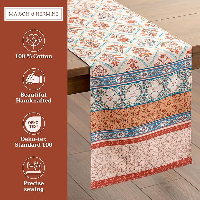 Maison d' Hermine Table Runner 100% Cotton Double Layer Table Runners 108 inches Long for Thanksgiving Christmas Decorations Home Kitchen Dining Party Wedding (Romane, 14.5" x 108")