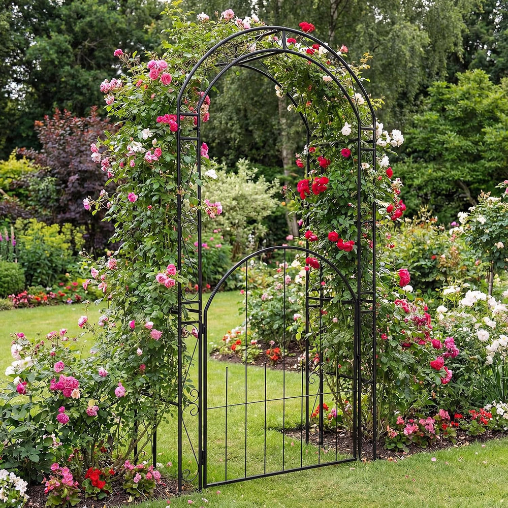 Giantex 84'' Metal Garden Arbor with Gate, Arch Trellis for Climbing ...
