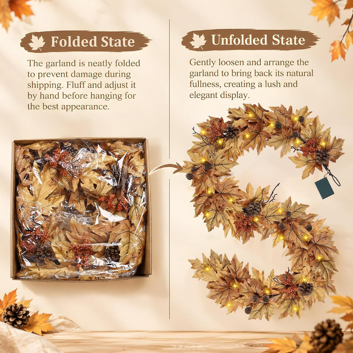 6ft Lighted Fall Garland with 30 Lights & Automatic Timer & Maple Leaves