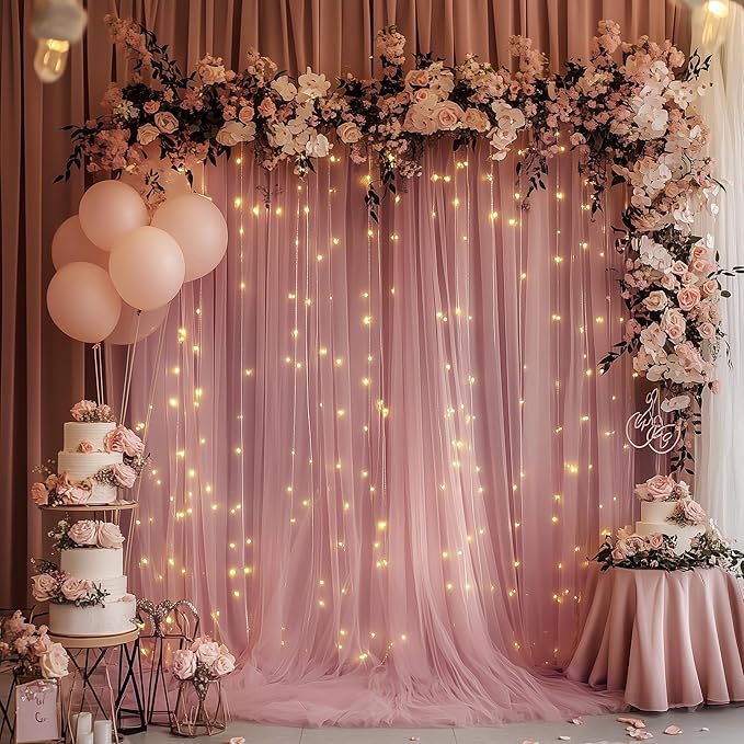 Tulle Backdrop Curtain with Lights String 10FT X 10FT Dusty Rose Sheer Tulle Backdrop Curtains for Wedding Birthday Party Reception Photo Booth Background Decorations (2 Panels 5x10FT)