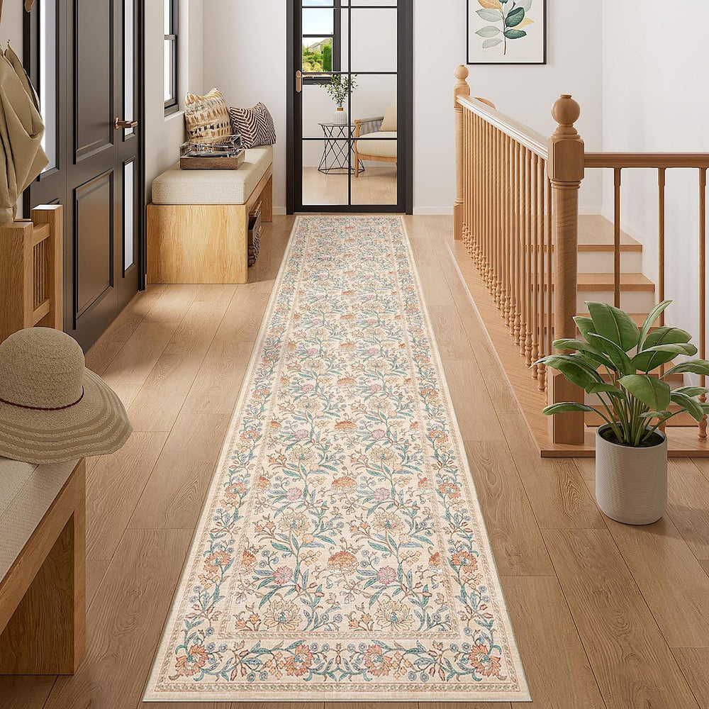 2x10 Runner Rug for Hallway, Washable Vintage Floral Rug, Beige
