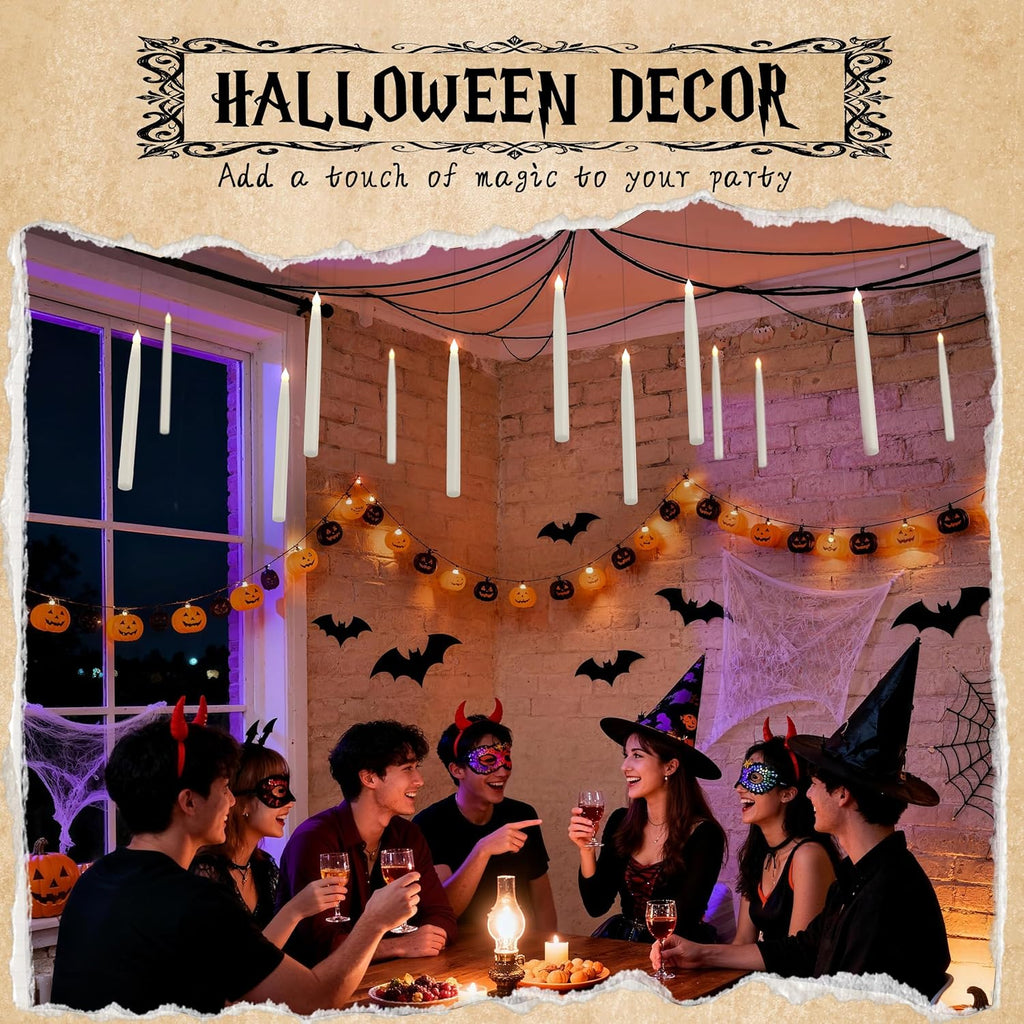 20PCS Floating Candles with Wand, Magic Hanging Candles, Flickering Warm Light Taper Flameless Floating LED Candle for Halloween Decor, Halloween Decorations for Indoor Classroom Bedroom Party