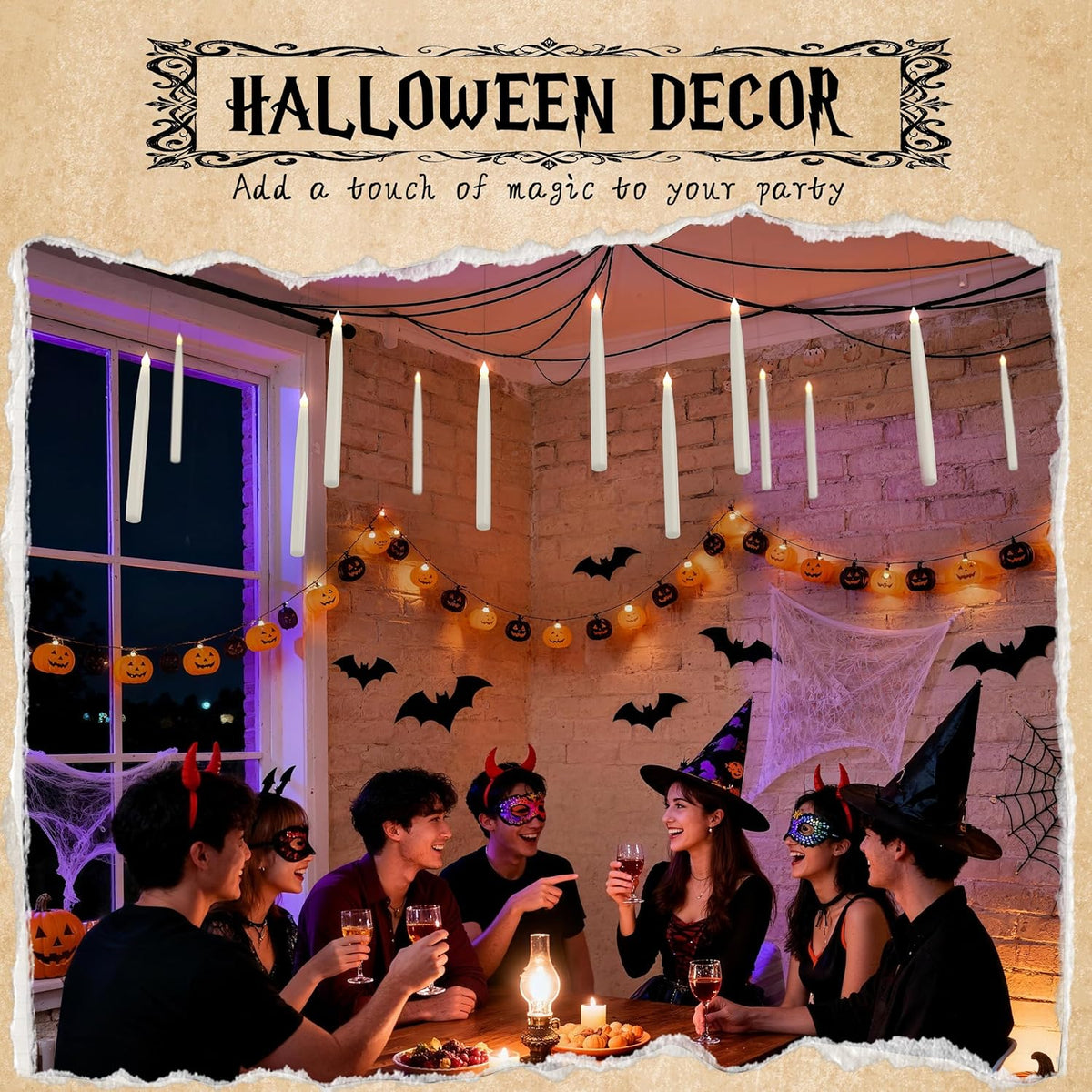 20PCS Floating Candles with Wand, Magic Hanging Candles, Flickering Warm Light Taper Flameless Floating LED Candle for Halloween Decor, Halloween Decorations for Indoor Classroom Bedroom Party