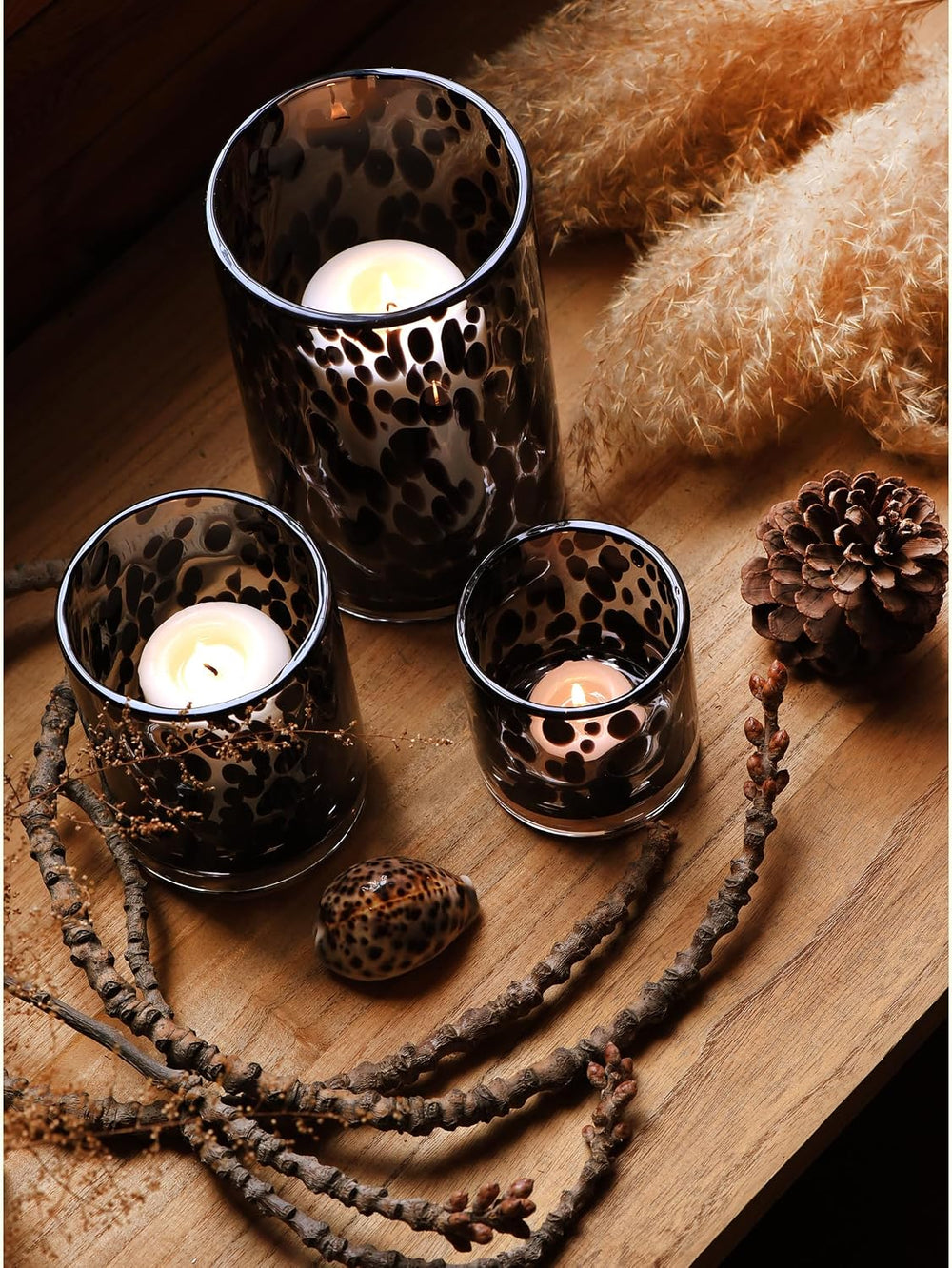 Glass Hurricane Candle Holder Set, Black Tortoise, 3 Piece