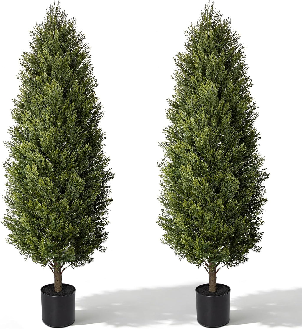 Artificial Cedar Tree Set of 2 – 5ft UV-Resistant Faux Evergreen Potted Tree, Cone-Shaped Decorative Indoor & Outdoor Cedar Tree for Front Porch, Entryway, Patio, Living Room