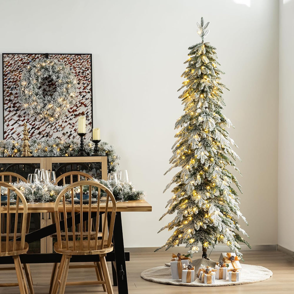 Glitzhome 7.5ft Prelit Flocked Pencil Spruce Artificial Christmas Tree