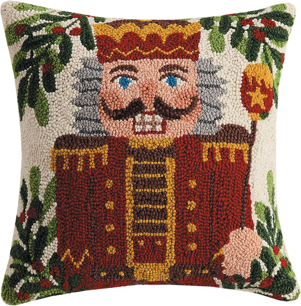 Peking Handicraft 31TG96C16SQ Nutcracker with Staff and Holly Holiday Hook Pillow, 16-inch Square