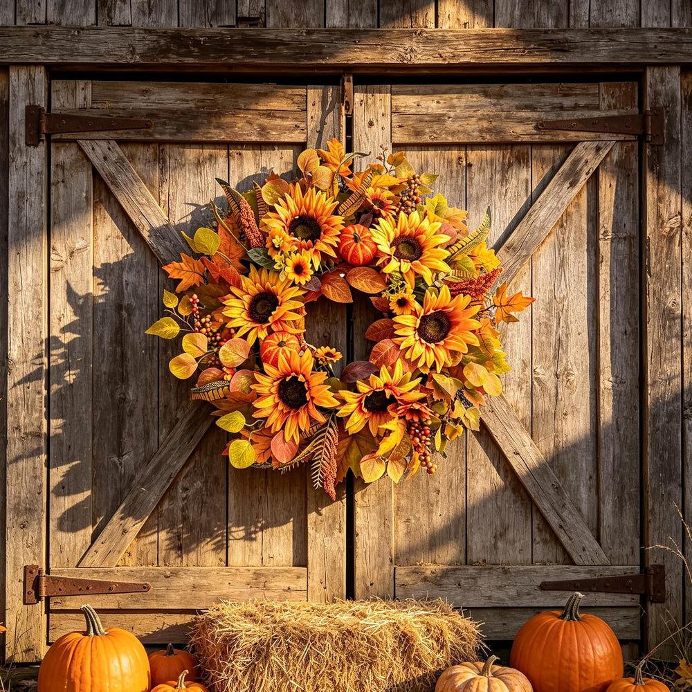 Fall Wreaths for Front Door, 26 Inch Autumn Harvest Wreath with Sunflowers, L...