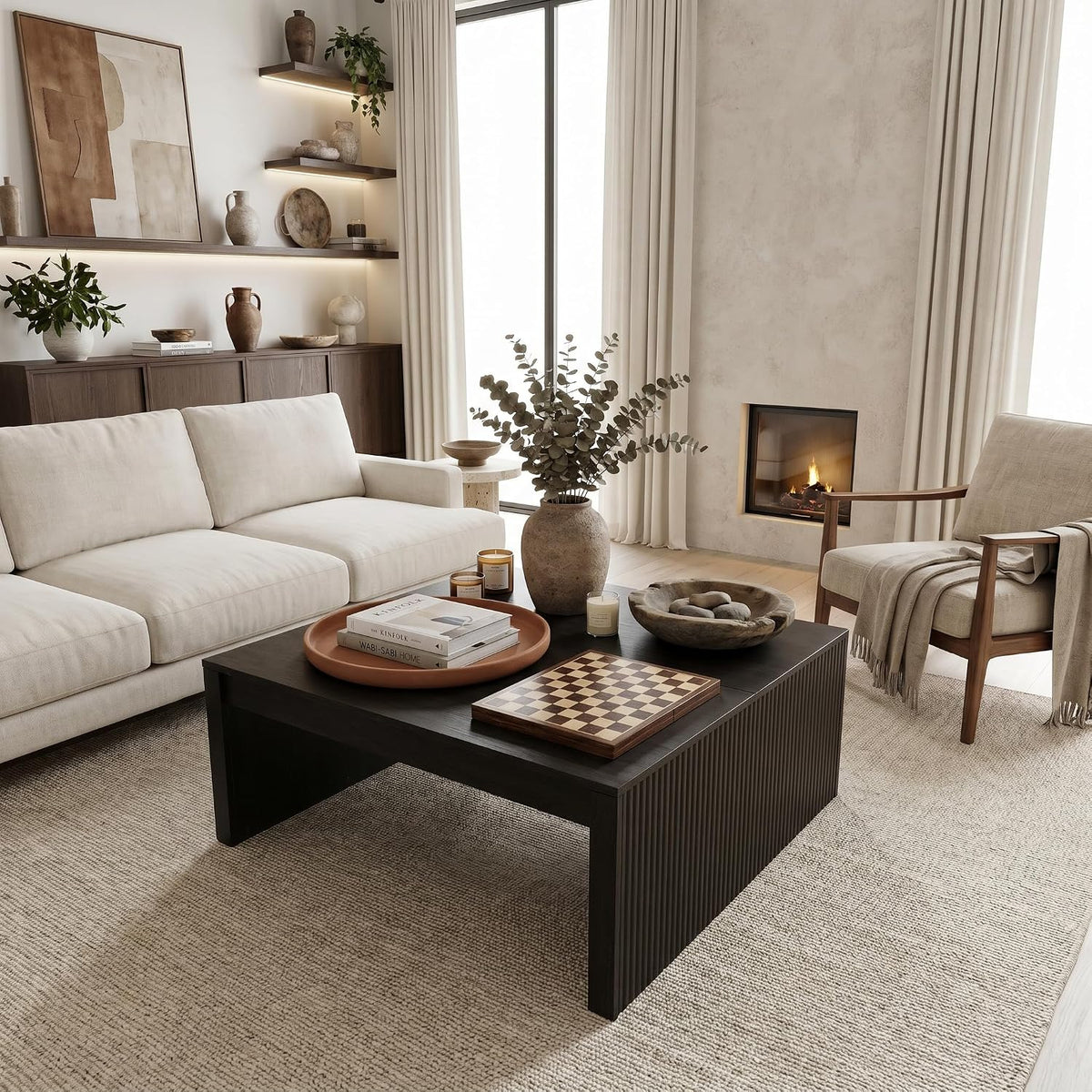 LITTLE TREE 39.4" Square Fluted Coffee Table, Mid-Century Modern Black Center Table for Living Room, Architectural Wood Cocktail Tea Tables, Contemporary Coffee Tables, Easy Assembly