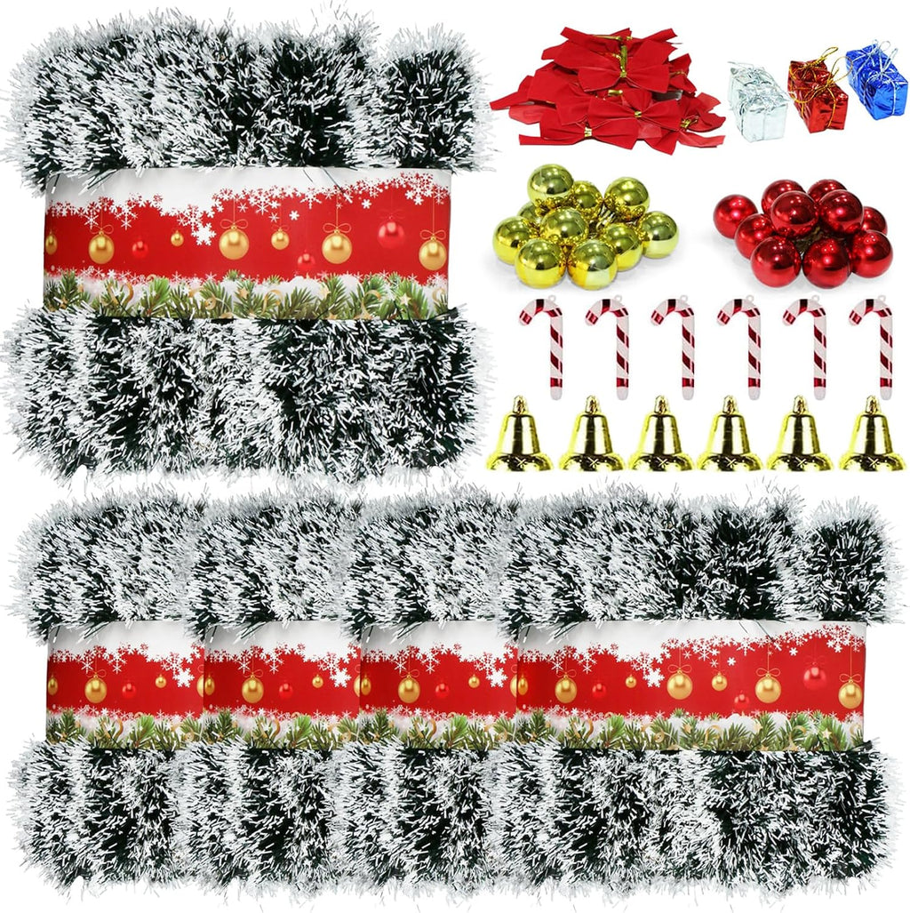 NQN 5 Pack 250Ft Greenery Garland with Snow, Dark Green Snowflake Dots, Artificial Christmas Pine Streamers for Indoor/Outdoor Decorations