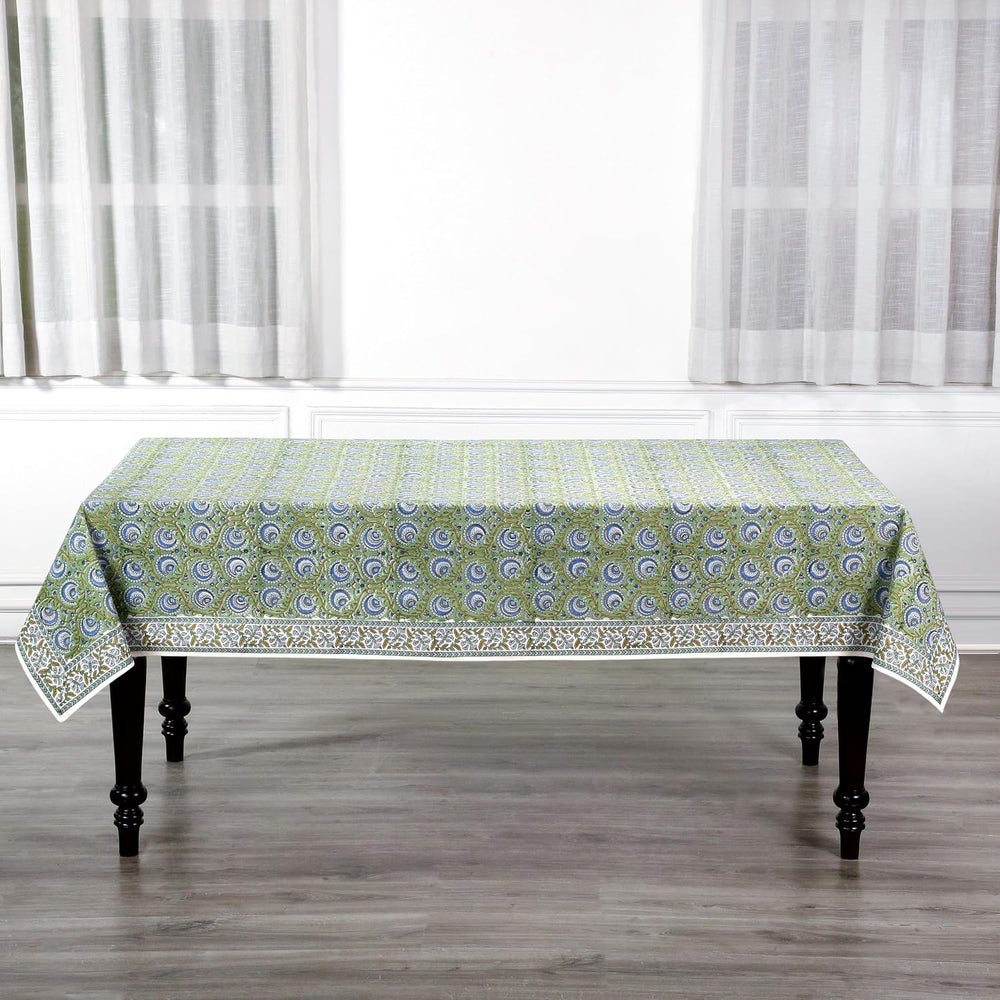 Ridhi Verdant Mist Hand Block Print Rectangle Tablecloth 90x60 Inch