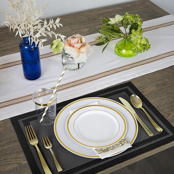 Neatiffy100 Pcs Gold Rim Plastic Dinnerware Set (50 Guest) | 50 x (Dinner Plate, Dessert Plate) | For Wedding, Luxurious Party, Special Event (100 Pcs)