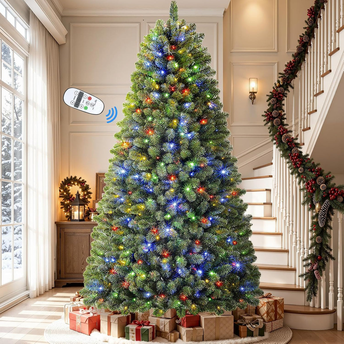 9FT Artificial Prelit Classic Christmas Tree with Remote Control,Timer