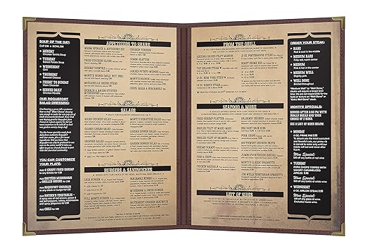Goodsmart Pajco Style Restaurant Menu Covers – Pack of 10, Side-Loading Menu Holders, Single Stitched Edge, Clear Vinyl Menu Sleeves, Leatherette Trim, Gold Corners, Burgundy, 2 View (8.5" x 11")