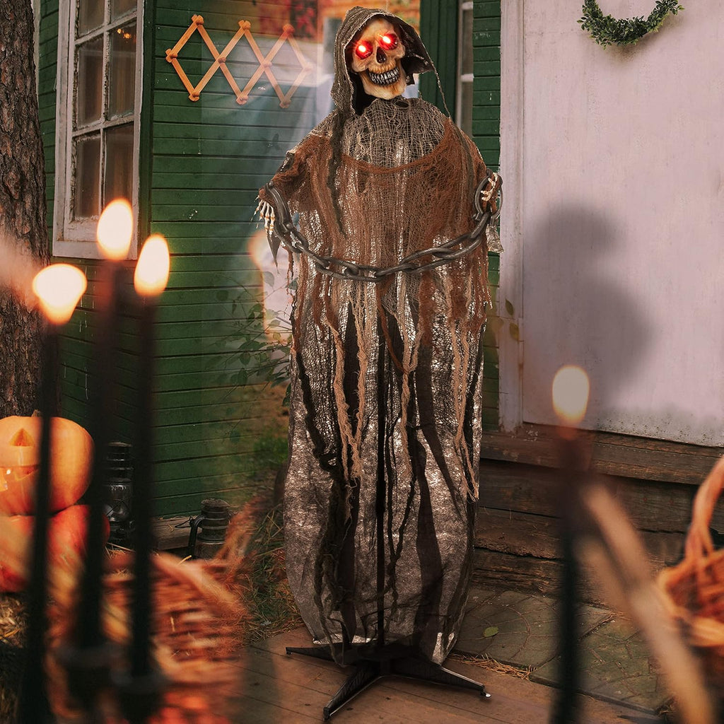 JOYIN Halloween Decorations Outdoor Life Size Animatronics Grim Reaper with Chain, Sound-Actived Party Decor with Creepy Sound, Scary Haunted House Props for Garden Yard Lawn