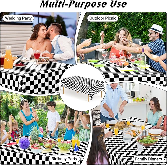 12Pack Table Cloth Rectangle Table, 54" x 108" Plastic Tablecloth, Black and White Checkered Table Covers, Waterproof Disposable Table Cloth for Outdoor Picnic Indoor Birthday Party Supplies Dinner