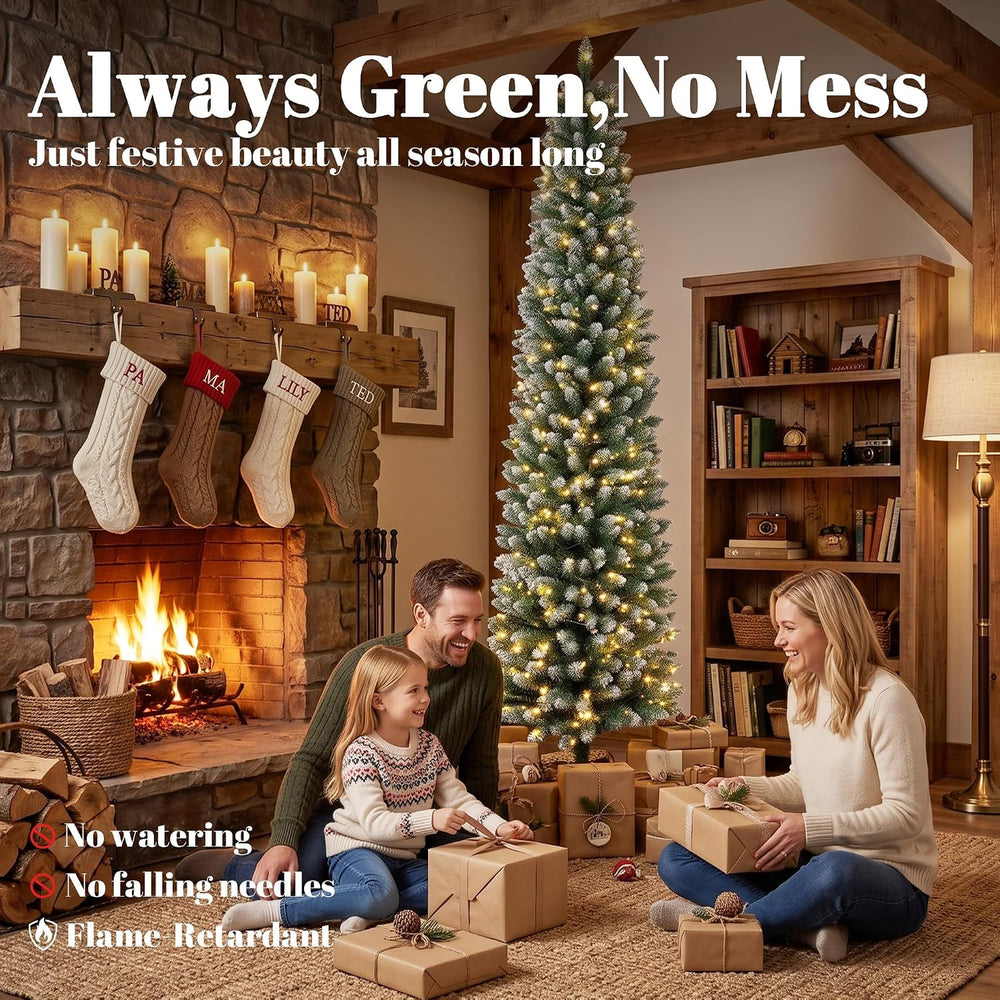 HOMCOM 8ft Pencil Prelit Christmas Tree, Dual Color, Flocked, Green White