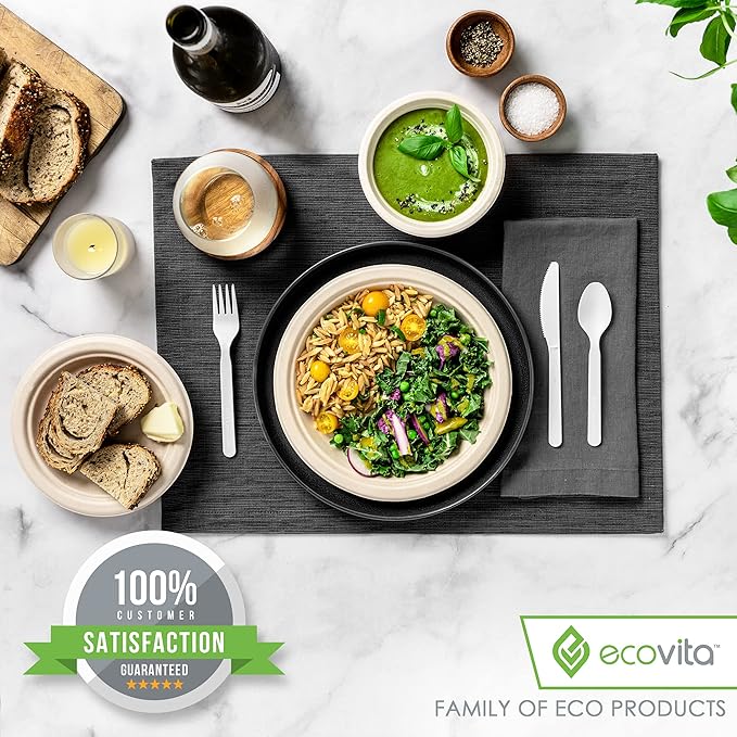 Ecovita 100% Compostable Knives - 500 Large Disposable Utensils (7 in.) Bulk Size Eco Friendly Durable and Heat Resistant Alternative to Plastic Knives with Convenient Tray