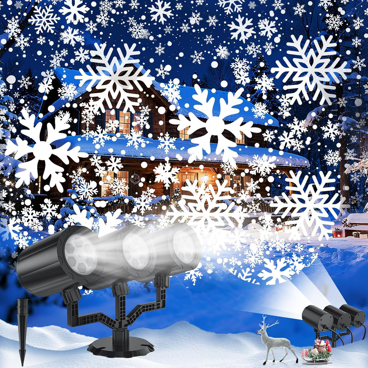 Christmas Projector Lights Outdoor, 2025 Upgraded Triple Head Snowflake Projector High Brightness, Led Dynamic Rotating Snowfall Projection IP65 Waterproof with 16.4ft Cord for Yard Houses Party Decor