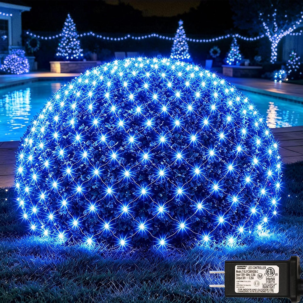 OYCBUZO 300LED Net Lights, 14.8ft x 5ft Christmas Net Lights Outdoor Connectable, Waterproof Mesh Lights 8 Lighting Modes for Halloween Bushes Xmas Tree Holiday Party Garden - Blue