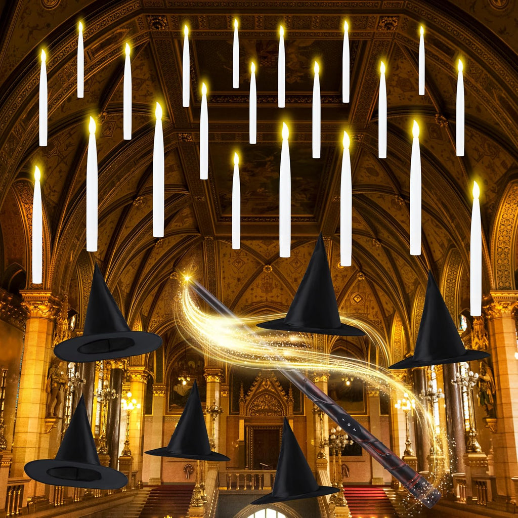 JOYIN 20Pcs Halloween Floating Candles and Witch Hat Light Up with Wand Remote Set Magic Hanging Candles and Wizard Hat with 2 Light Mode and Timer for Halloween Window Ceiling Porch Theme Party Decor