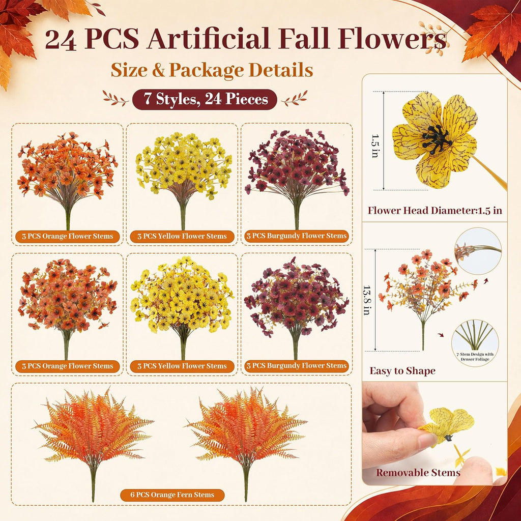 Der Rose 24Pcs Artificial Fall Flowers for Outdoors, Fake Mums and Ferns