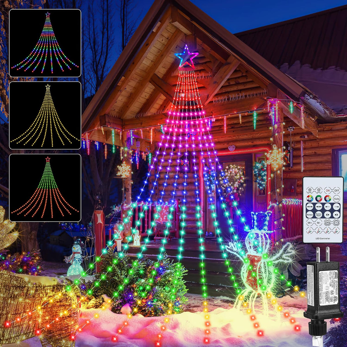 Christmas Decoration Lights, Outdoor Christmas String Lights 320 LED 11.5Ft Waterfall Tree Light with Big Star Topper Waterproof 8 Light Modes for Xmas New Year Holiday Yard Outdoor Indoor Decor