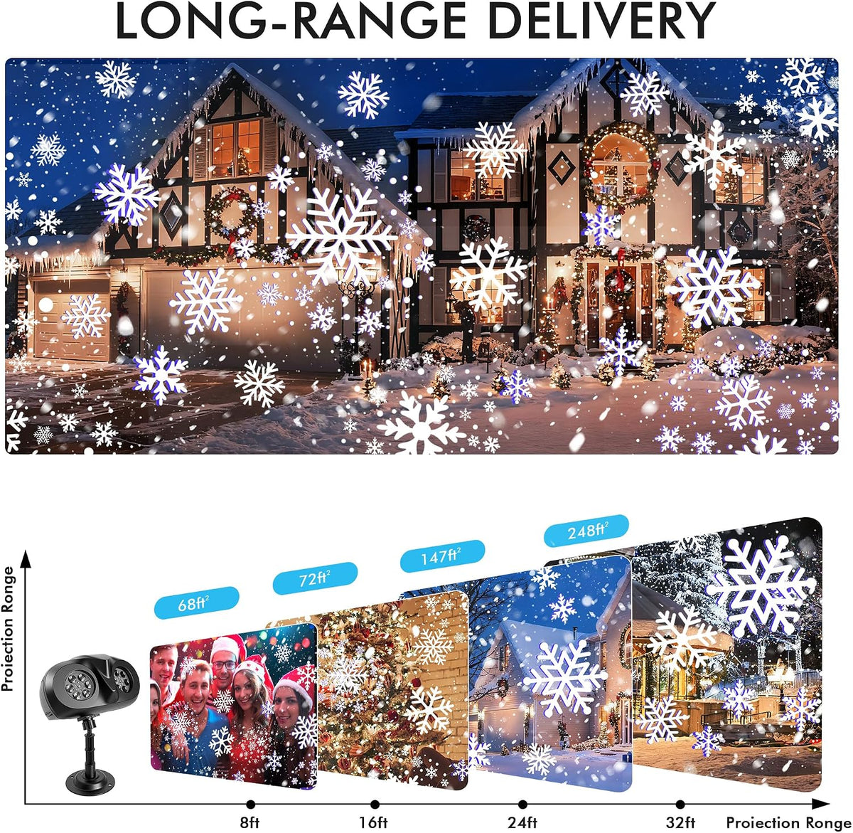 outdoor christmas projector lights, snowflake projector with remote showing dimensions