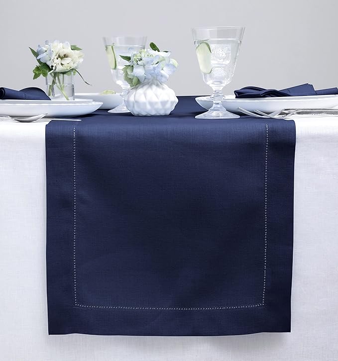 Solino Home Linen Navy Blue Table Runner 90 Inches Long - 100% Pure Linen Hemstitch 14 x 90 Inch Table Runner for Dining, Fall, Autumn, Thanksgiving, Christmas - Classic Hemstitch