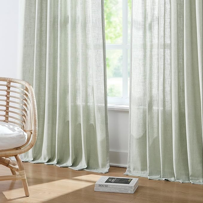 Vision Home Pinch Pleated Semi Sheer Curtains Textured Linen Blended Light Filtering Window Curtains 84 inch for Living Room Bedroom Pinch Pleat Drapes with Hooks 2 Panels 40" Wx84 L,Soft Green