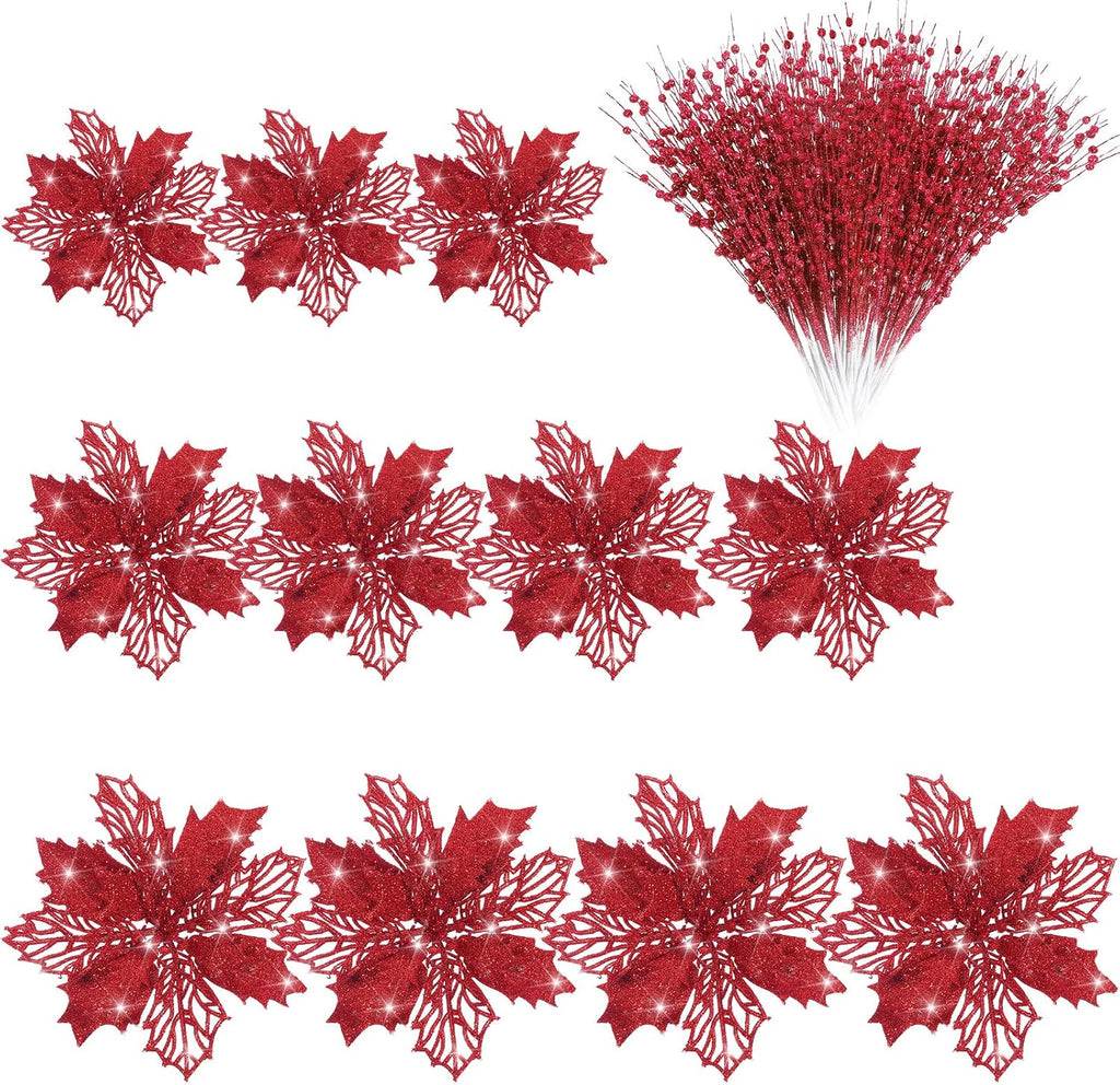 48 Pcs Christmas Picks Poinsettia Flowers Berry Glitter,Red