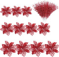 48 Pcs Christmas Picks Poinsettia Flowers Berry Glitter,Red